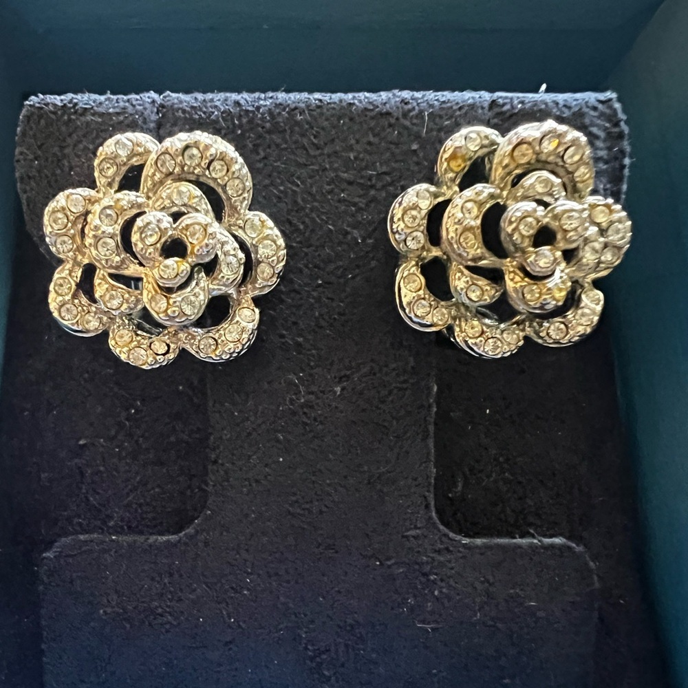 Silver Tone Crystal Rose Floral Stud Earrings Vintage